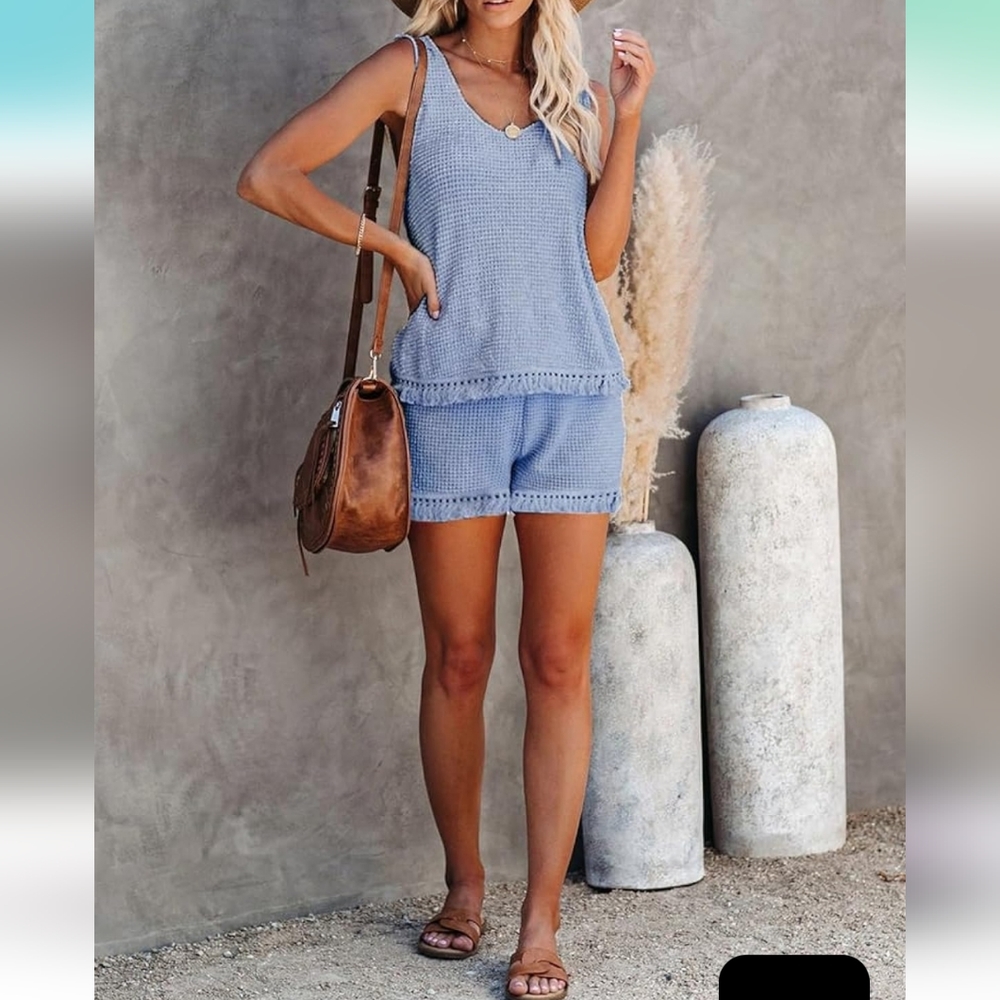 Women's Blue NWOT 2pc Waffle Knit Tassel Tank Top & Short Lounge Set Sz Medium🐈
